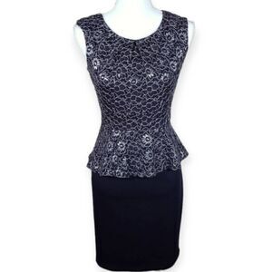 EN FOCUS NAVY AND SILVER LACE PEPLUM DRESS SZ.4 EUC.